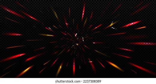 Efecto de zoom con neón rojo choca con movimiento de velocidad desde el centro. Antecedentes abstractos con ráfaga de energía, explosión con fuego chispas movimiento radial, ilustración de superposición vectorial realista
