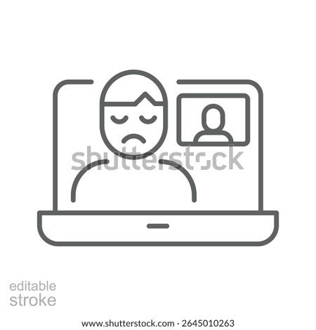 Zoom Fatigue Icon Vector, Stressed Person in Video Call on Laptop, Editable Stroke Outline Symbol for Digital Burnout, Remote Work Exhaustion, and Online Meeting Overload