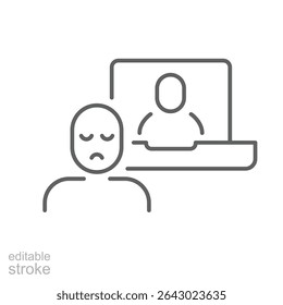 Zoom fatigue line icon Thin outline editable stroke symbol showing remote worker tired during video call online communication stress burnout concept