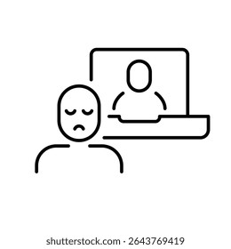 Zoom fatigue line icon Thin outline symbol showing remote worker tired during video call online communication stress burnout concept