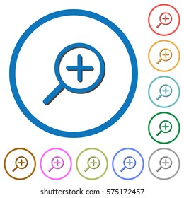 Zoom in flat color vector icons with shadows in round outlines on white background