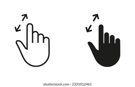 Zoom Gesture by Hand Finger Line and Silhouette Black Icon Set. Enlarge Screen, Rotate Screen Pictogram. Gesture Slide Up and Down Symbol Collection. Isolated Vector Illustration.