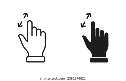 Zoom Gesture by Hand Finger Line and Silhouette Black Icon Set. Enlarge Screen, Rotate Screen Pictogram. Gesture Slide Up and Down Symbol Collection. Isolated Vector Illustration.