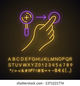 Zoom in horizontal gesture neon light icon. Touchscreen gesturing. Tap, point, click. Using sensory devices. Glowing sign with alphabet, numbers and symbols. Vector isolated illustration