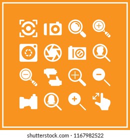 zoom icon. 16 zoom vector set. focus, zoom in, magnifying glass and compact camera icons for web and design about zoom theme
