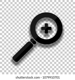 Zoom In icon. Black glass icon with soft shadow on transparent background