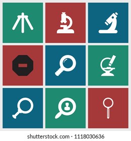 Zoom icon. collection of 9 zoom filled icons such as microscope, magnifier, camera tripod, user search, dollar search, search. editable zoom icons for web and mobile.