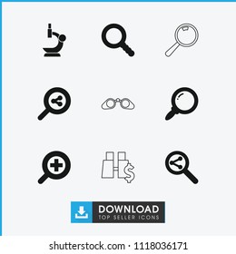 Zoom icon. collection of 9 zoom filled and outline icons such as search share, search, microscope, binoculars. editable zoom icons for web and mobile.