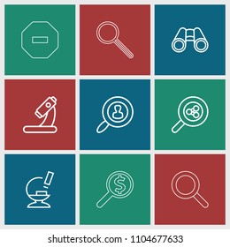 Zoom icon. collection of 9 zoom outline icons such as microscope, binoculars, search share, user search, magnifier. editable zoom icons for web and mobile.