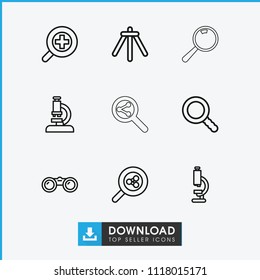 Zoom icon. collection of 9 zoom outline icons such as microscope, search share, search, camera tripod. editable zoom icons for web and mobile.