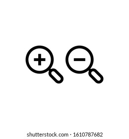 Zoom Icon, Enlarge and decrease symbols in outline style on white background