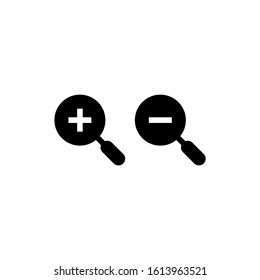 Zoom Icon, Enlarge and decrease symbols in black flat design on white background