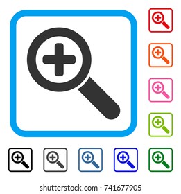 Zoom In icon. Flat gray iconic symbol inside a light blue rounded rectangle. Black, gray, green, blue, red, orange color variants of Zoom In vector. Designed for web and application interfaces.