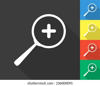zoom icon - gray and colored (blue, yellow, red, green) vector illustration with long shadow