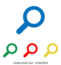 Zoom icon illustration. Vector. Big blue flat icon with red, green and yellow small icons at white background. Isolated.
