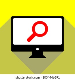 Zoom icon illustration. Vector. Red icon on white monitor of black all-in-one desktop computer with two shadows at yellow background.