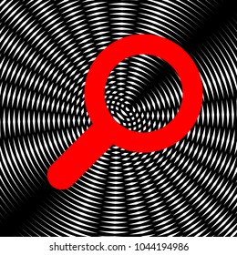 Zoom icon illustration. Vector. Red icon on white and black radial interference as background.