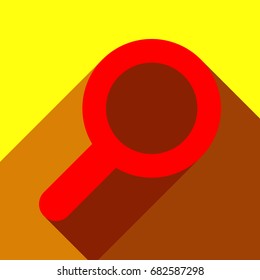 Zoom icon illustration. Vector. Red icon with two flat reddish shadows on yellow background.