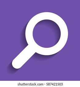 Zoom icon illustration. Vector. White icon with soft shadow on grape violet background.
