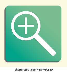 Zoom in icon, on button style green background, yellow light, shadow