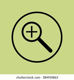 Zoom in icon, on green background, circle border, dark outline