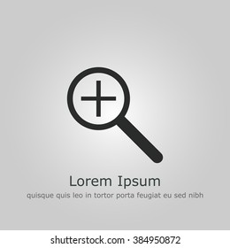Zoom in icon, on grey background, dark outline, example text