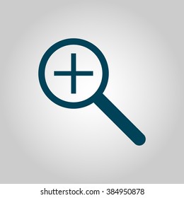 Zoom in icon, on grey background, blue outline, large size symbol
