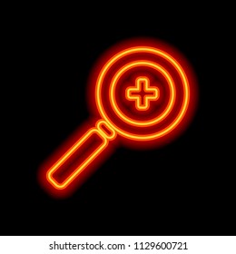 Zoom In icon. Orange neon style on black background. Light icon