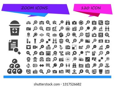 zoom icon set. 120 filled zoom icons.  Simple modern icons about  - Glass, Round shot, Research, Binoculars, Search, Camera, Photo camera, Shutter, Zoom, Microscope, Loupe, Magnifying glass