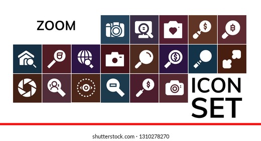 zoom icon set. 19 filled zoom icons.  Simple modern icons about  - Photo camera, Search, Camera, Vision, Zoom out, Magnifying glass, Resize