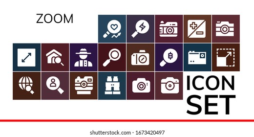 conjunto de iconos de zoom. 19 iconos de zoom rellenos.  Iconos modernos sencillos, como: Análisis, Redimensionamiento, Búsqueda, Cámara, Binoculares, Cámara fotográfica, Detective, Zoom