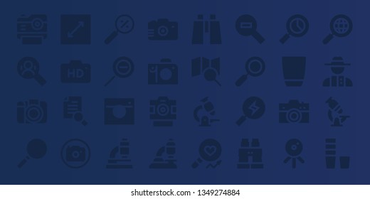 zoom icon set. 32 filled zoom icons. on blue background style Simple modern icons about  - Photo camera, Search, Loupe, Resize, Camera, Research, Magnifying glass, Zoom out, Microscope