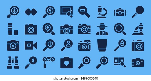 zoom icon set. 32 filled zoom icons. on blue background style Simple modern icons about  - Search, Glass, Photo camera, Binoculars, Resize, Camera, Magnifying glass, Zoom out