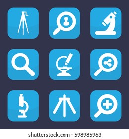 zoom icon. Set of 9 filled zoom icons such as microscope, search, camera tripod,etc.