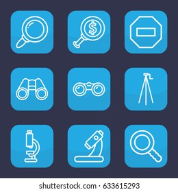 Zoom icon. set of 9 outline zoom icons such as microscope, binoculars, search, camera tripod, dollar search