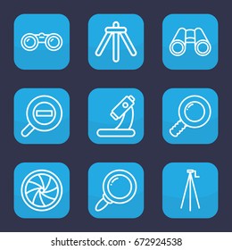Zoom icon. set of 9 outline zoom icons such as microscope, binoculars, camera shutter, camera tripod, zoom out