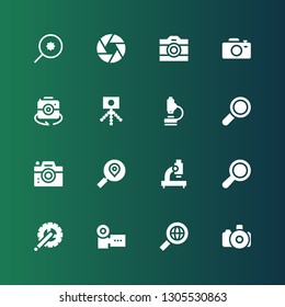 zoom icon set. Collection of 16 filled zoom icons included Photo camera, Search, Camera, Crank arm, Microscope, Find, Diaphragm