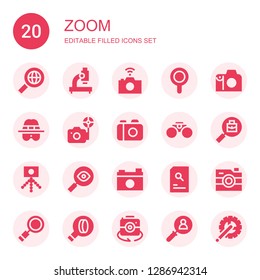zoom icon set. Collection of 20 filled zoom icons included Search, Microscope, Photo camera, Magnifier, Detective, Camera, Binoculars, Magnifying glass, Crank arm