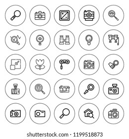 Zoom icon set. collection of 25 outline zoom icons with binocular, binoculars, camera, diaphragm, investigation, magnifying glass, loupe, macro icons. editable icons.