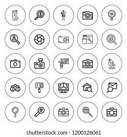 Zoom icon set. collection of 25 outline zoom icons with binoculars, camera, detective, investigation, glass, image editing, microscope, photo camera icons. editable icons.