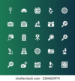 zoom icon set. Collection of 25 filled zoom icons included Diaphragm, Microscope, Camera, Search, Shutter, Binoculars, Magnifying glass, Photo camera
