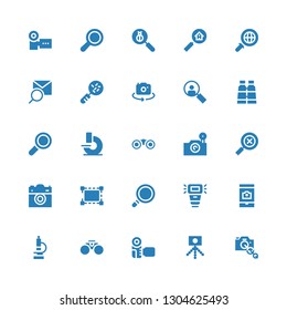 zoom icon set. Collection of 25 filled zoom icons included Camera lens, Camera, Binoculars, Microscope, Camera flash, Magnifying glass, Resize, Search, Photo Find, Loupe