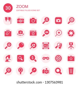 zoom icon set. Collection of 30 filled zoom icons included Binoculars, Camera, Magnifying glass, Photo camera, Glass, Search, Crank arm, Resize, Detective, Microscope, Diaphragm