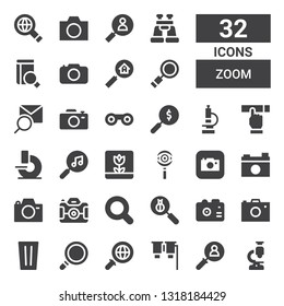 zoom icon set. Collection of 32 filled zoom icons included Microscope, Magnifying glass, Binoculars, Search, Glass, Photo camera, Camera, Len, Macro, Searching