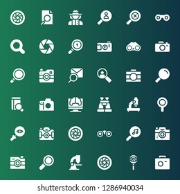 zoom icon set. Collection of 36 filled zoom icons included Photo camera, Search, Shutter, Microscope, Find, Camera, Binoculars, Lens, Glass, Magnifier, Research, Loupe, Magnifying glass