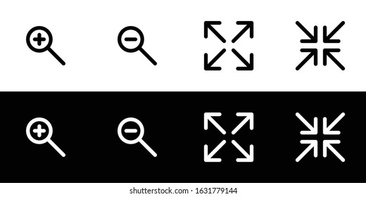 Zoom icon set. Flat design icon collection isolated on black and white background. Zoom in and zoom out design.