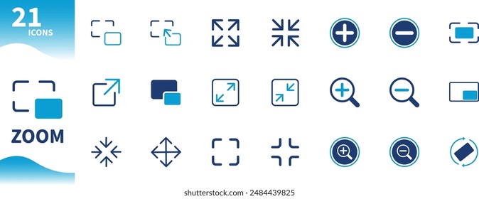 Zoom icon. Set of icons for screen ratio, expand, shrink screen, increase, decrease. Solid vector icon.