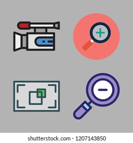 zoom icon set. vector set about focus, zoom in, zoom out and video camera icons set.