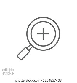 Zoom icon. Simple outline style. Magnify glass with add sign, find, focus, plus, positive, enlarge concept. Thin line symbol. Vector illustration isolated on white background. Editable stroke EPS 10.