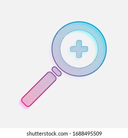 Zoom In icon. Technology logo with diagonal lines and colored gradient. Neon graphic, light effect. Blue and red colors